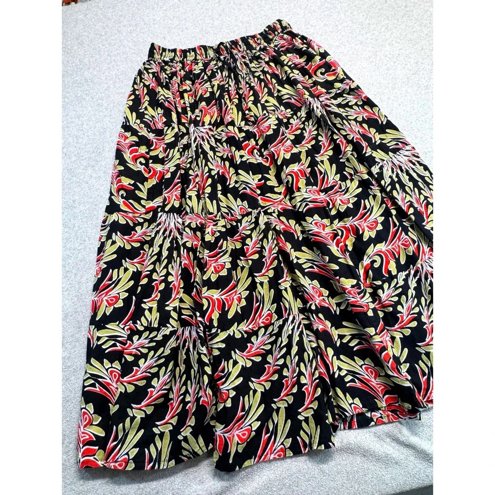 Ashley Taylor Womens Tiered Maxi Skirt Black Red Floral 100% Cotton Size L Flowy